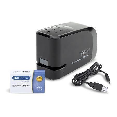 Sešívačka "626EL", černá, elektrická, 26/6, na 15 listů, USB nabíjení/baterie, RAPESCO 145
